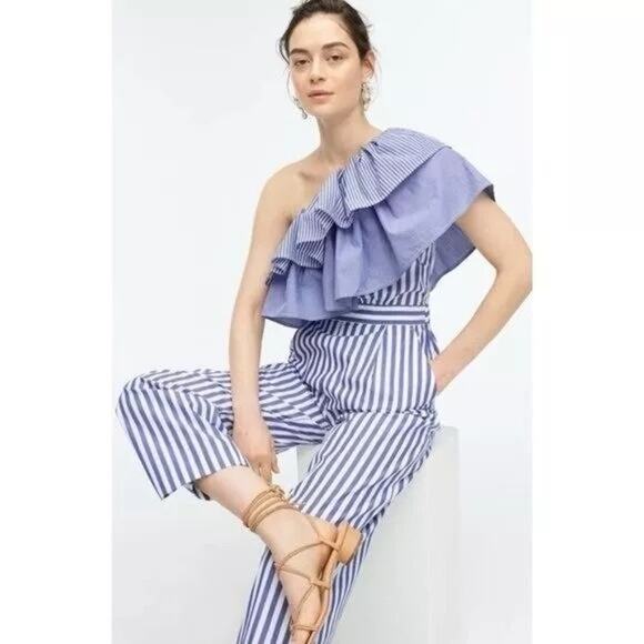 NWT J. Crew One Shoulder Ruffle Jumpsuit in Mixed Stripe - Picture 1 of 8